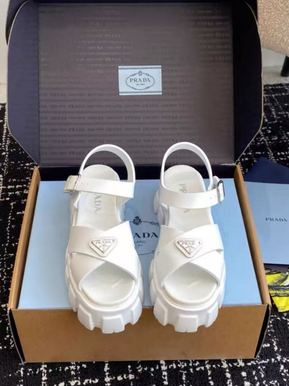Prada White Cross Strap Triangle Logo Lug Sole Sandals